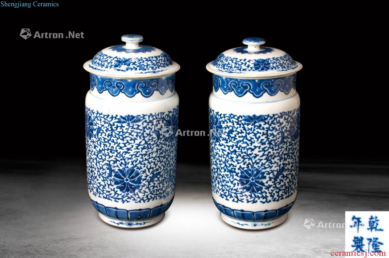 qing Blue and white tie up lotus flower grain bottle cover of tube (a)