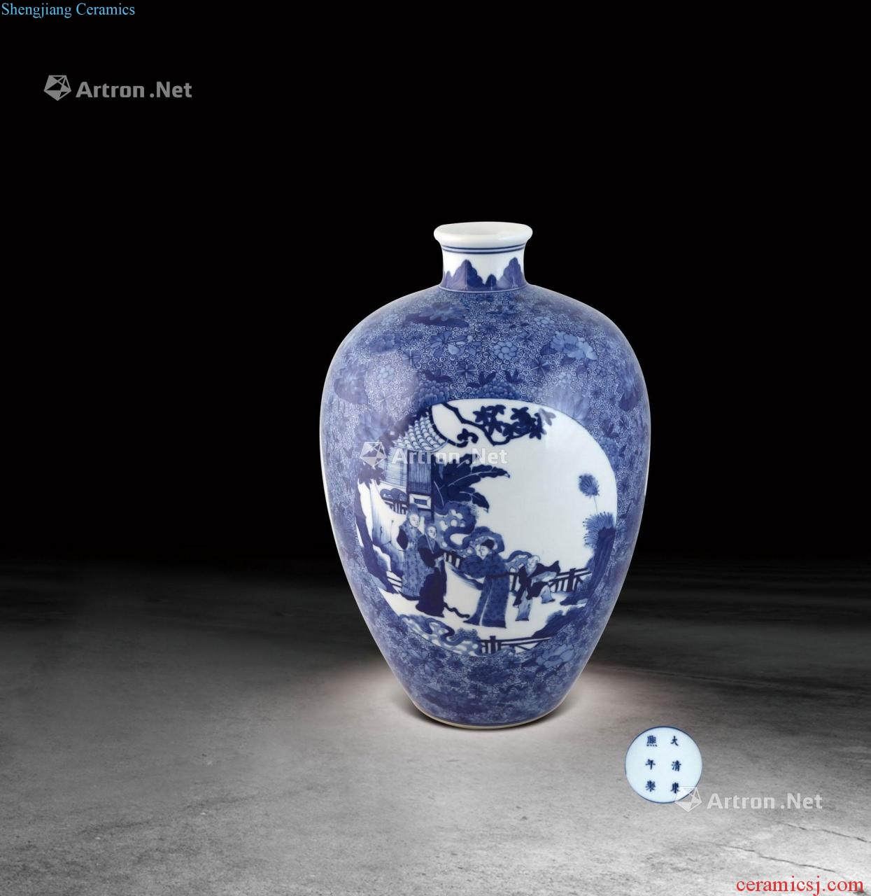 Blue and white flowers with medallion landscape characters of the reign of emperor kangxi grain bottle