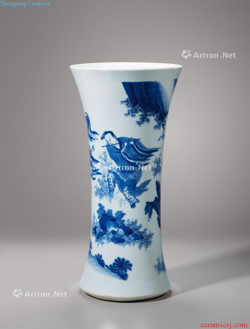 Blue and white "bang Ming chongzhen play spittor" story lines flower vase with characters