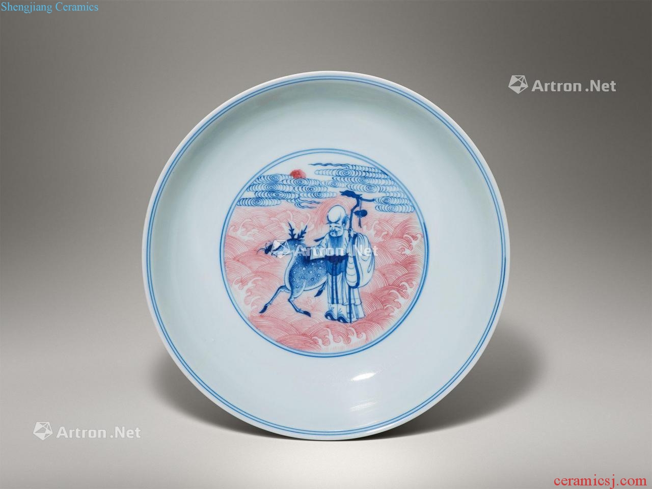 Qing qianlong Blue and white youligong figure plate outside the birthday girl in the red sea