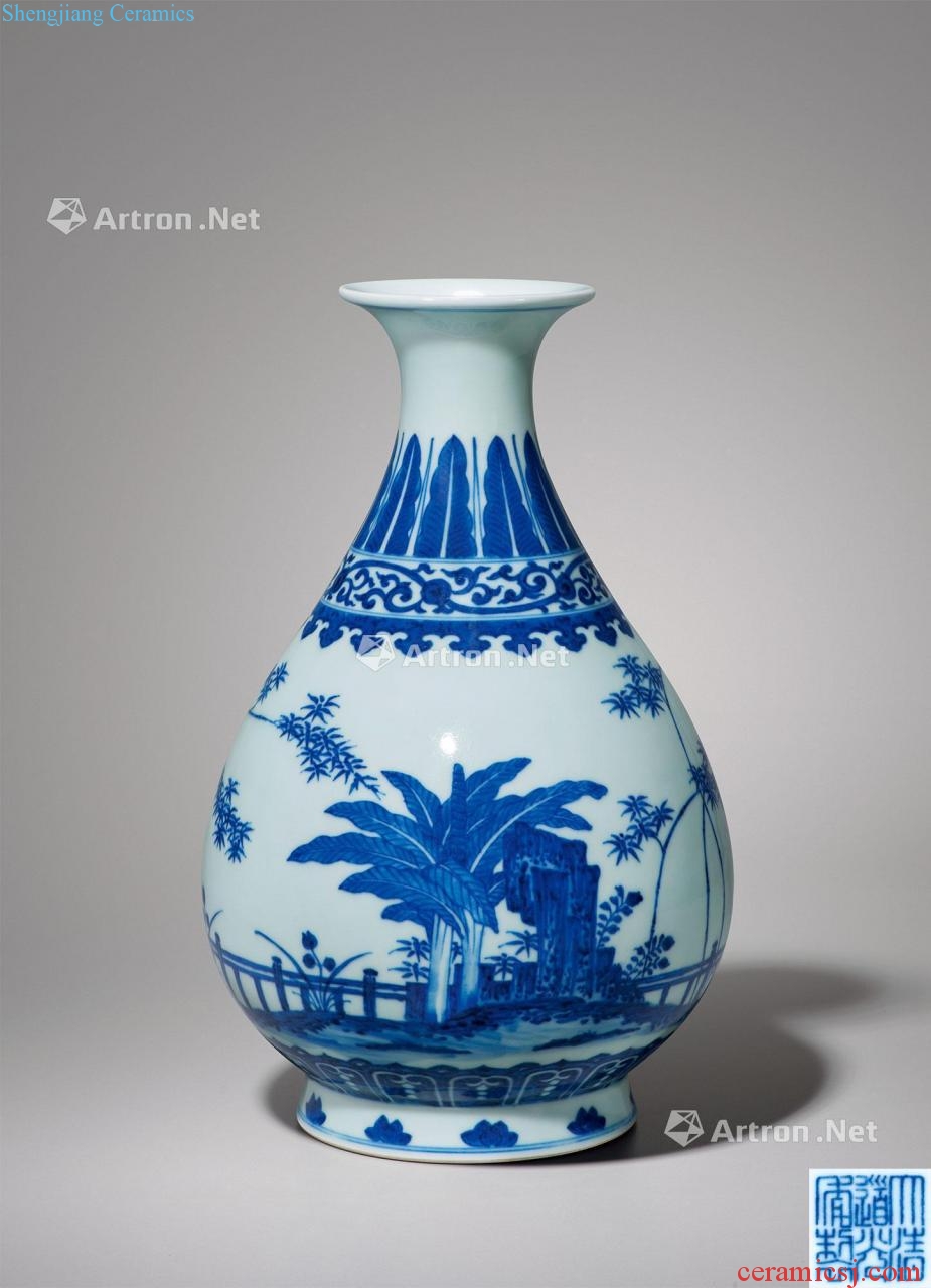 Qing daoguang Blue and white bamboo stone plantain grain okho spring bottle