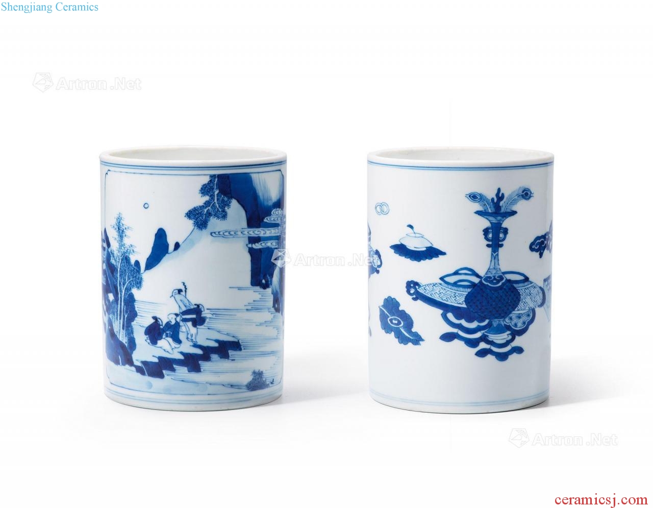 The qing emperor kangxi Blue and white medallion landscape character antique pen container