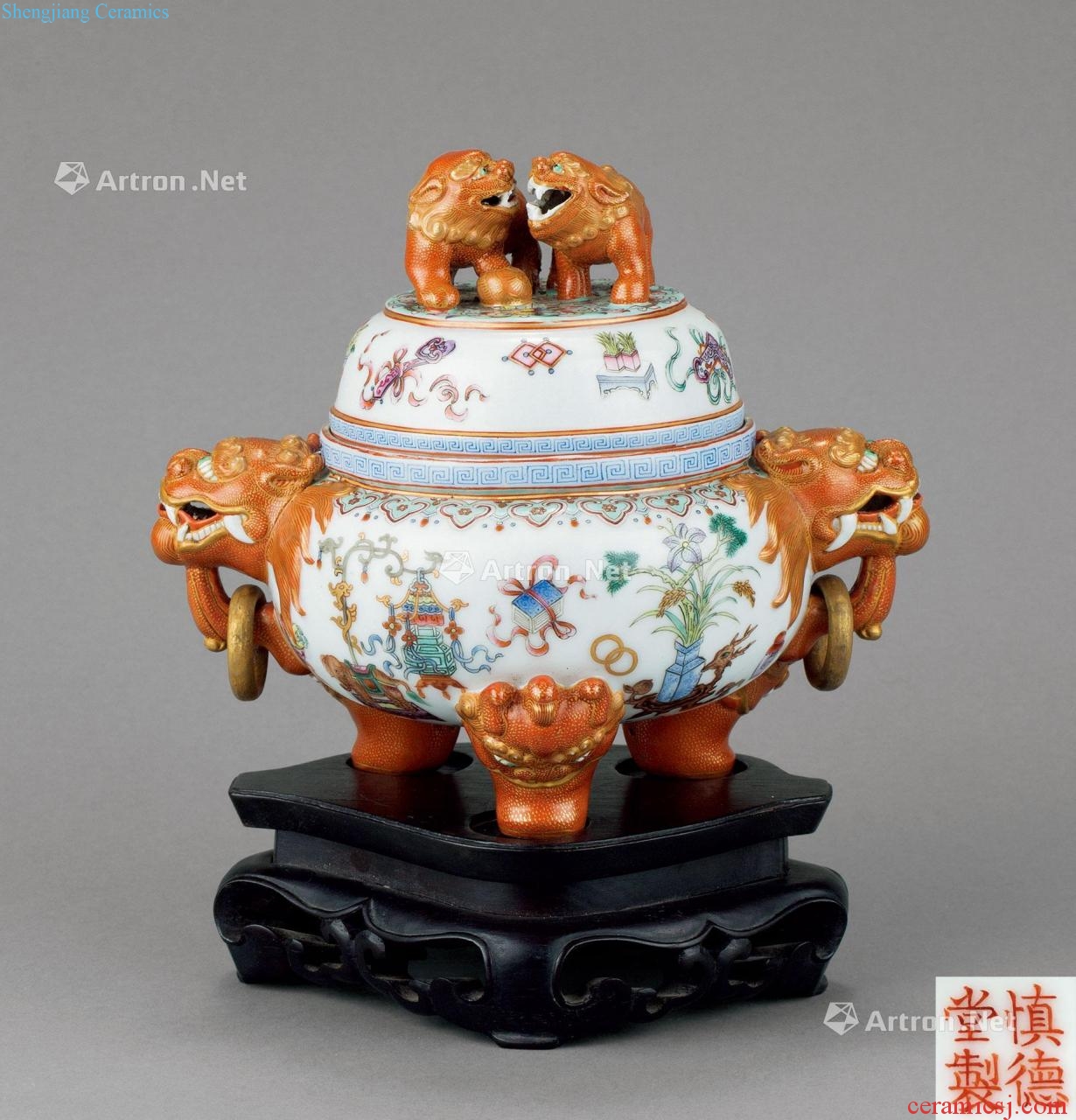 Pastel dark the eight immortals in the qing dynasty grain to double the lion ring NiuShuang ear three-legged censer