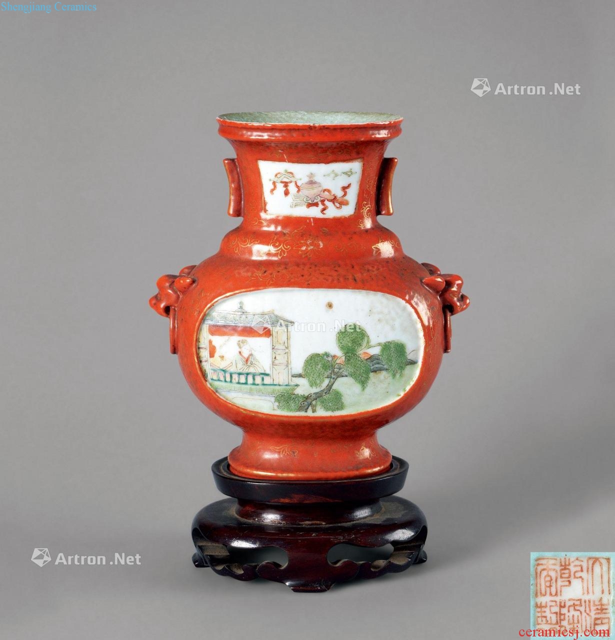 In the qing dynasty to paint powder enamel coral red medallion emigration crossed lines double ears