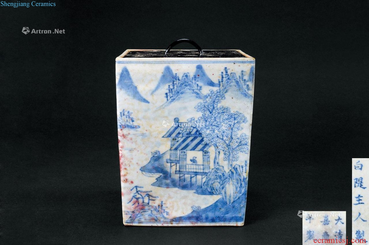 In the qing dynasty Blue and white lines of poetry and four side brush pot