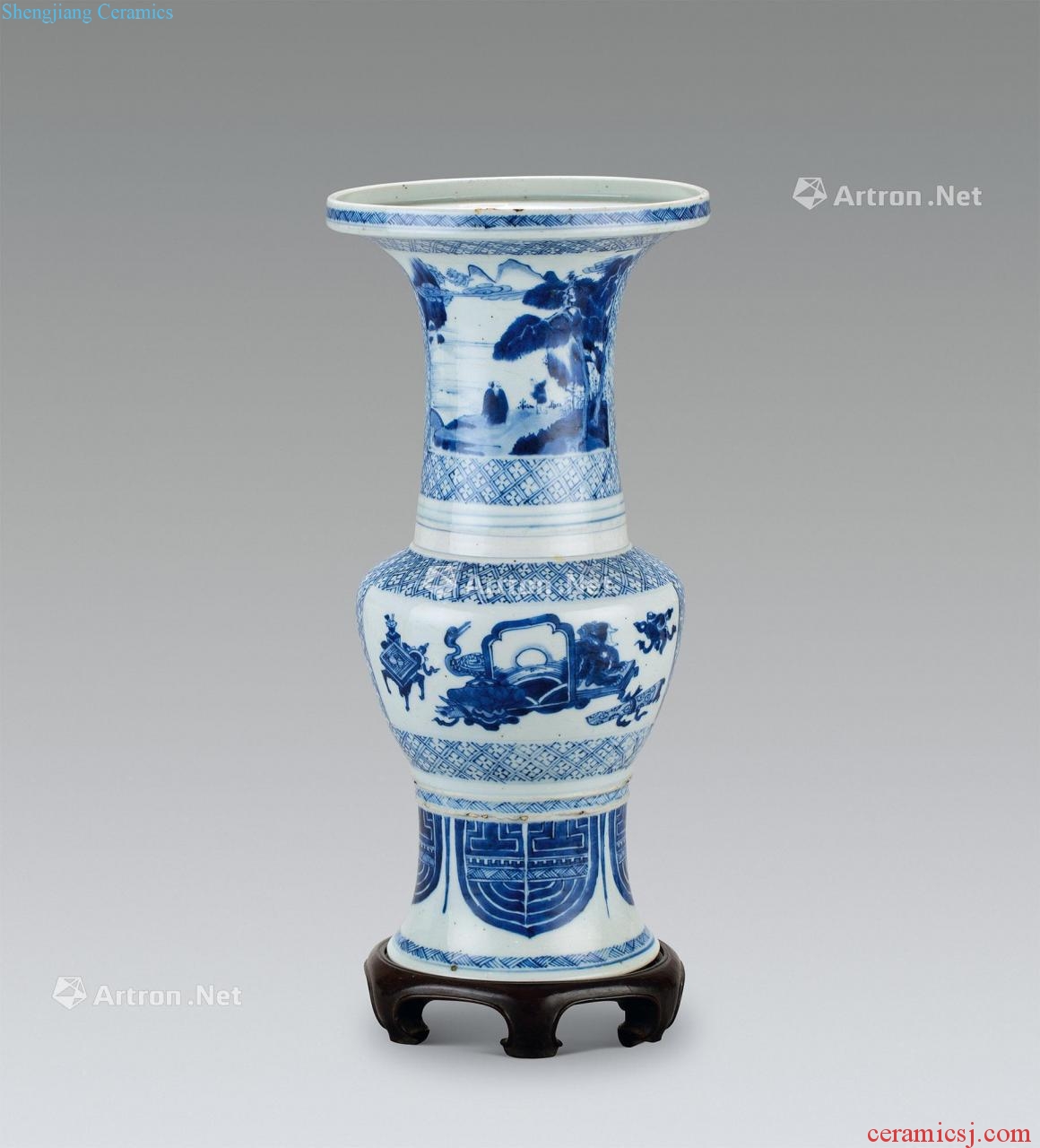 The qing emperor kangxi Blue and white medallion omen grain flower vase with landscape characters
