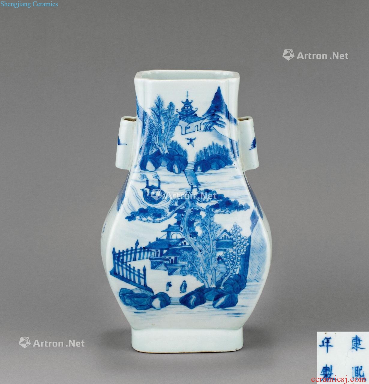 In the qing dynasty Blue and white landscape pattern penetration ears