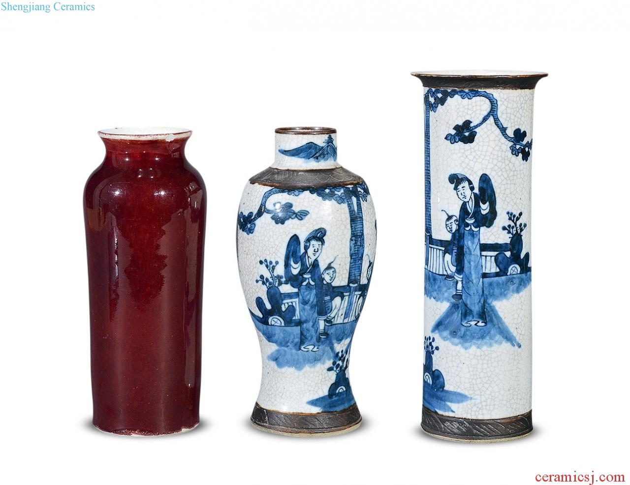 Clear red glaze, blue bottle (three)