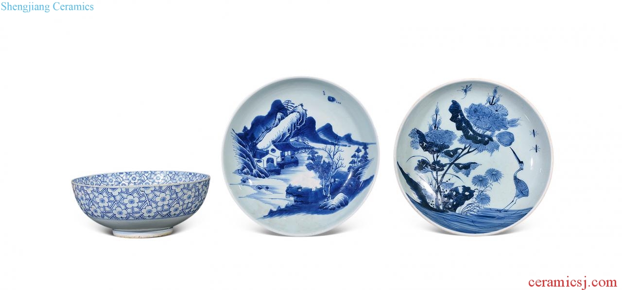 qing Blue and white landscape plate, bowl (three)