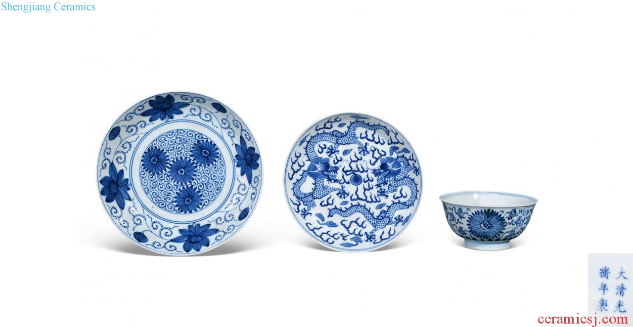 Qing dynasty blue and white bowl, plate (a group of three)