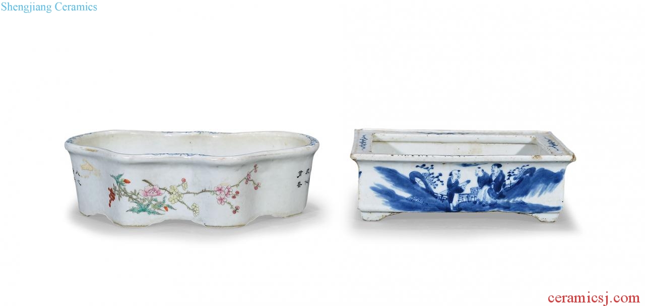 Qing dynasty blue and white, powder enamel character narcissus basin (two)