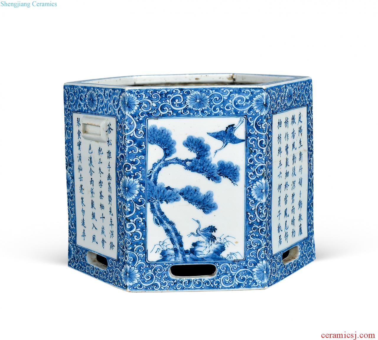 Qing daoguang Blue and white medallion painting of flowers and poems flowerpot