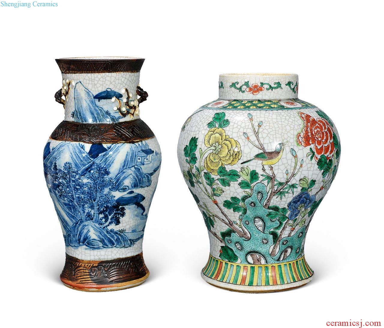 Qing guangxu Colorful flowers and birds, general tank, blue mountain water bottle (two)