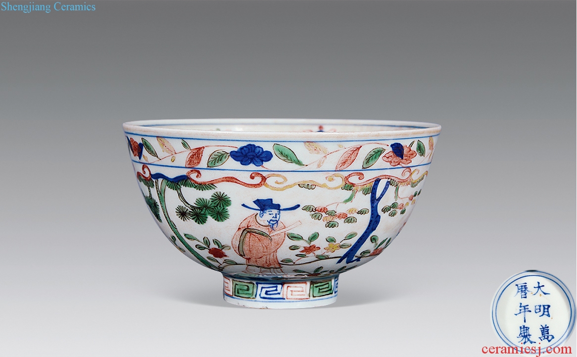 Ming Blue and white figure bowl of colorful characters