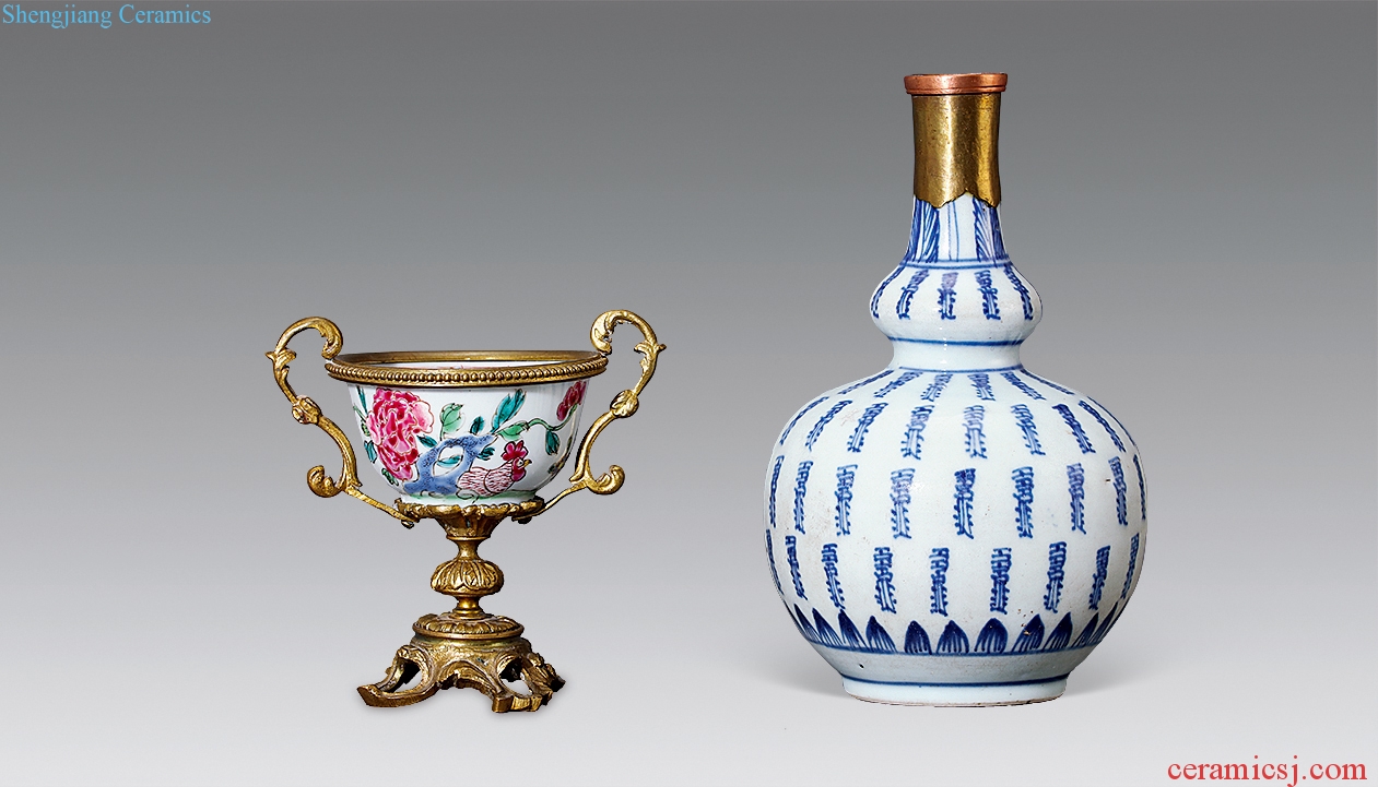 Blue and white life of words, bottle gourd, the qing emperor kangxi, yongzheng pastel painting chicken stripes cup (or two)