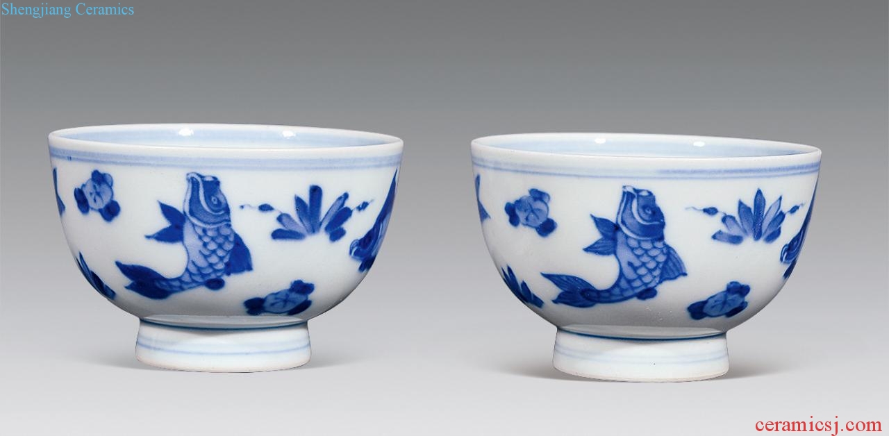 The qing emperor kangxi Blue and white fish and algae grain cup (a)