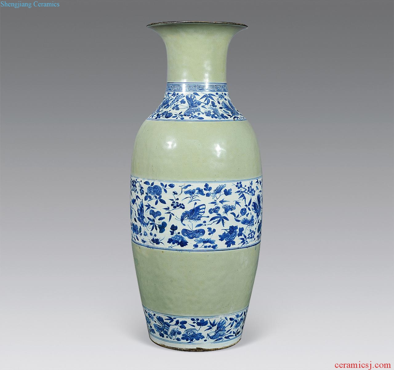 qing Pea green blue and white flower butterfly large bottle
