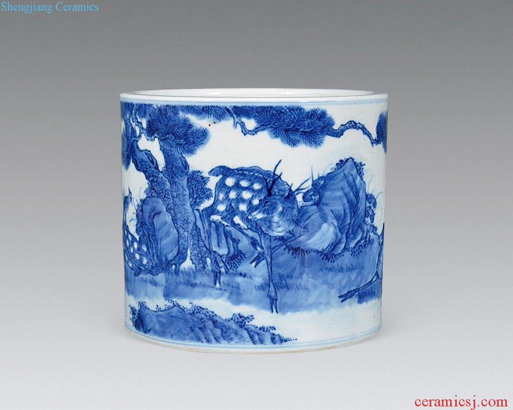 Qing guangxu Blue and white deer brush pot