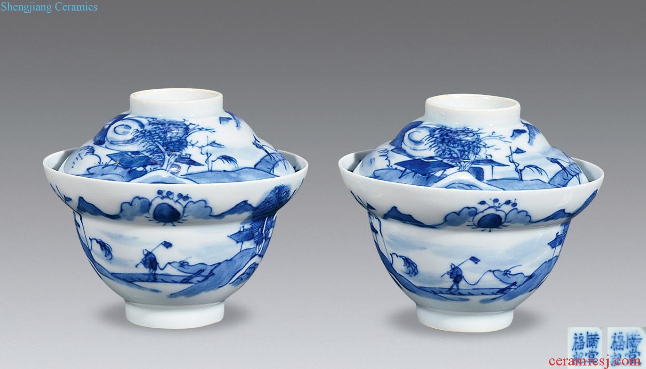 qing Blue and white landscape tureen (a)