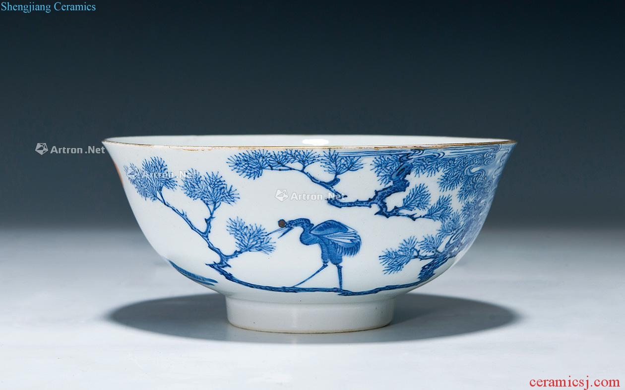 guangxu Blue and white youligong Korean pine crane green-splashed bowls