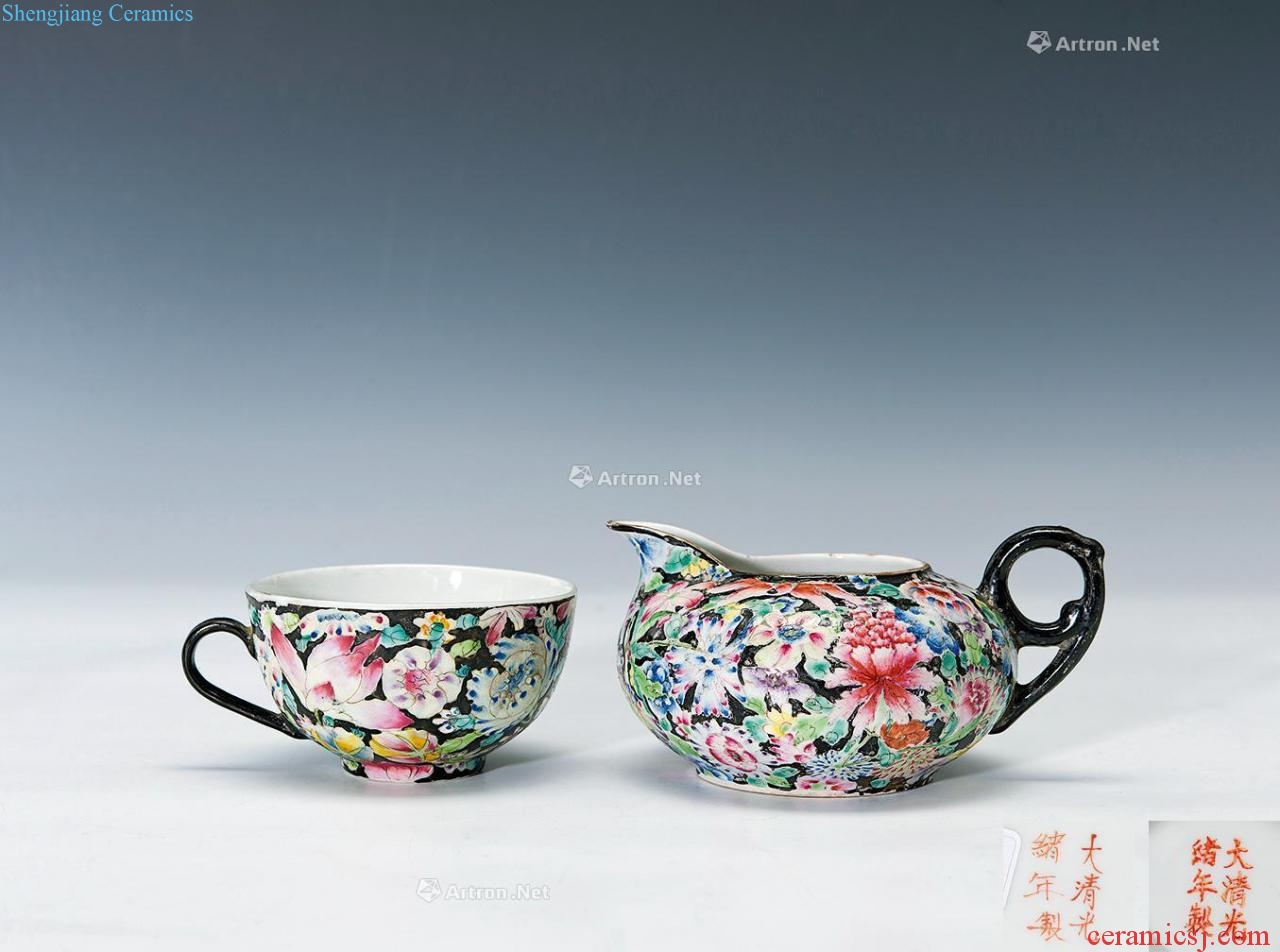 Guangxu black enamel floral print cups and milk pot
