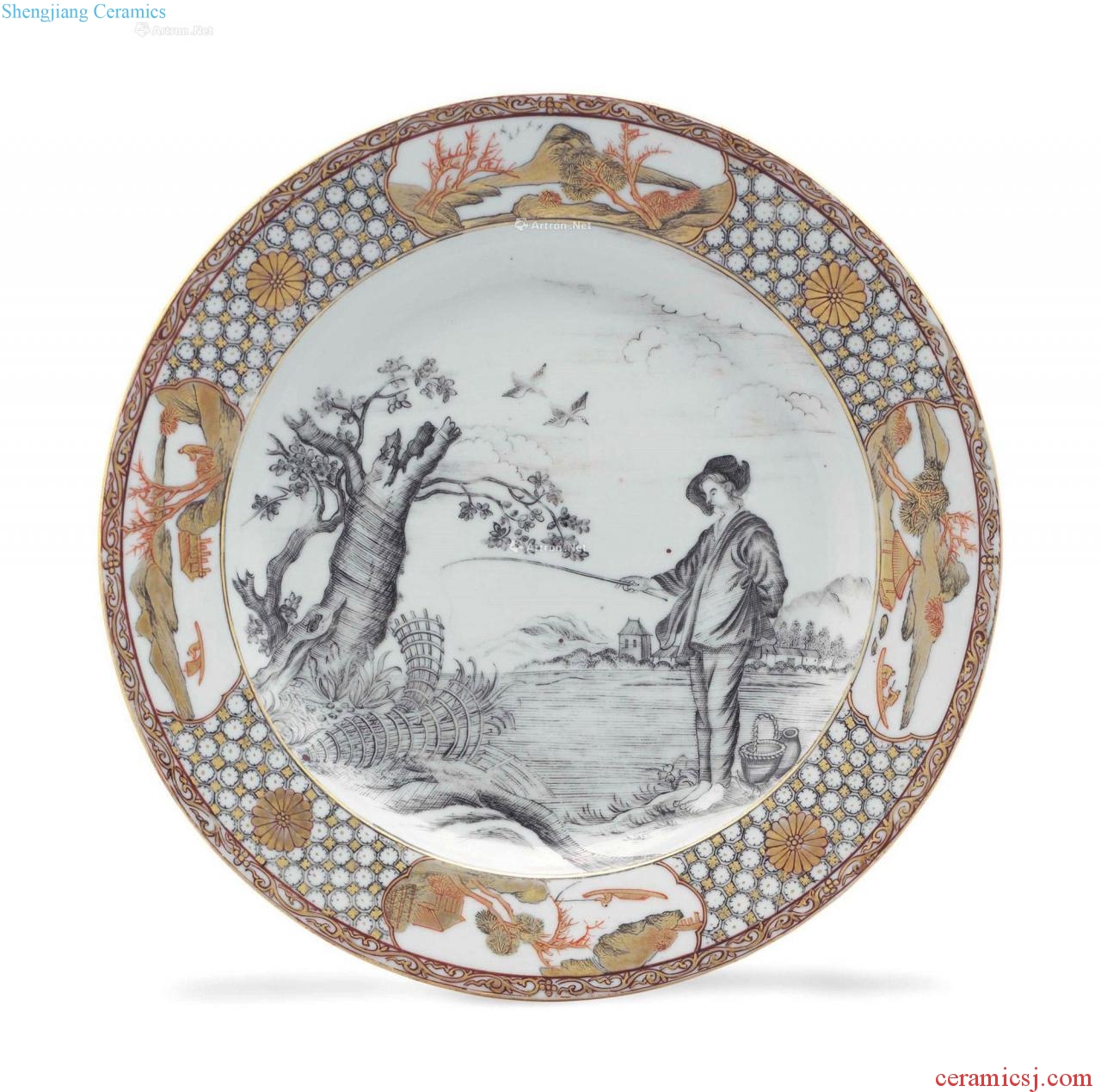 Qianlong period, about 1750 A GRISAILLE AND GILT "FISHERMAN" PLATE