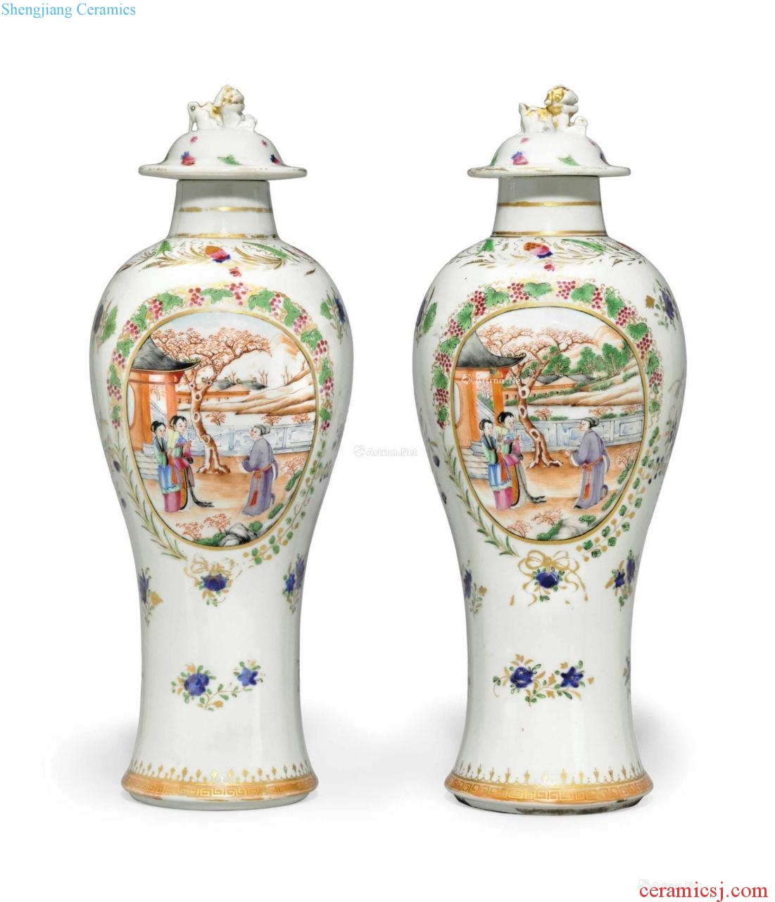Jiaqing period, about 1800 A PAIR OF FAMILLE ROSE BALUSTER VASES AND COVERS