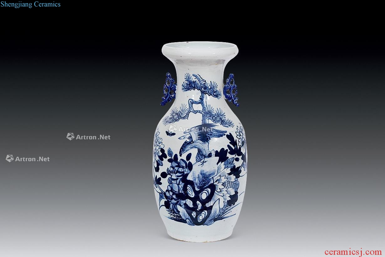 qing Blue and white flowers and birds dish buccal bottle