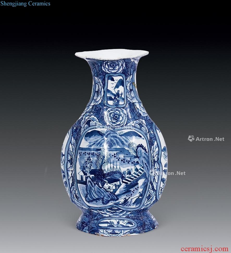 Qing dynasty blue and white window landscape character flat bottles