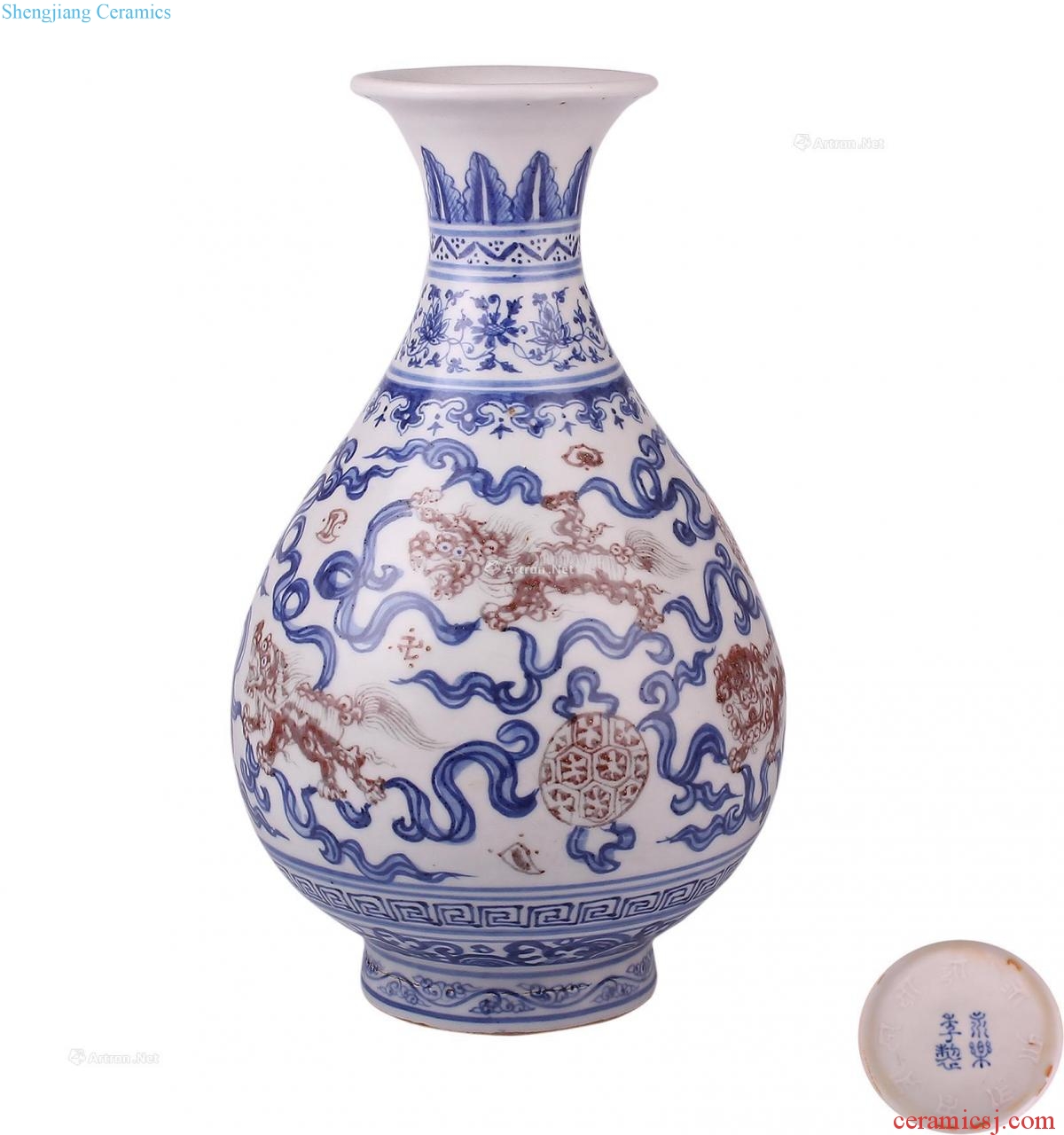 Early qing dynasty blue-and-white youligong group lion grain okho spring bottle (a)