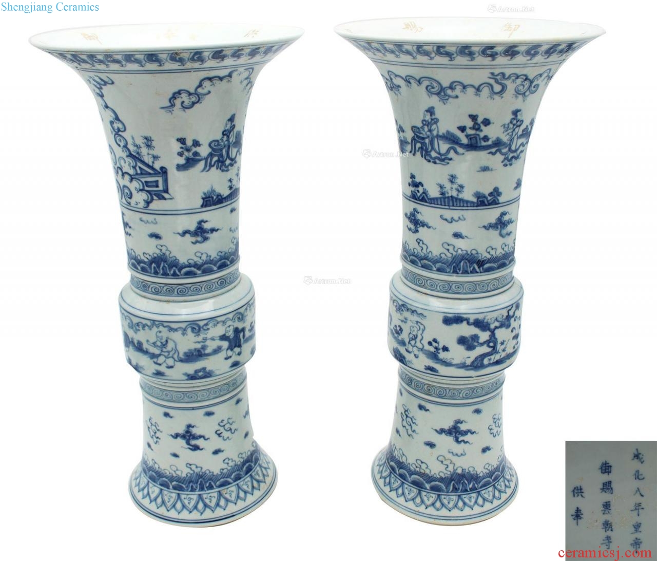 Ming Blue and white YingXiWen flower vase with (two/on)