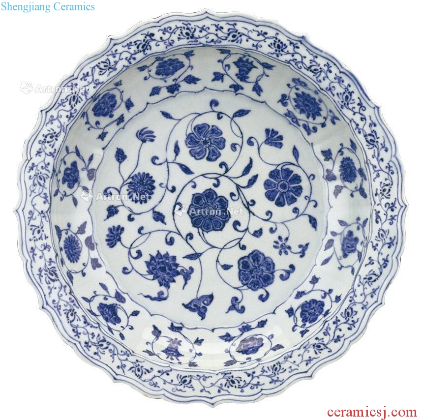 Ming Blue and white flower grain fold around branches along the plate (a)