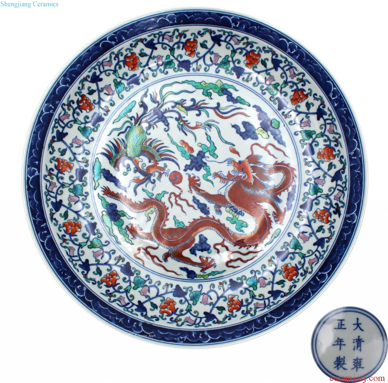 Qing dynasty blue and white color bucket longfeng tray (a)
