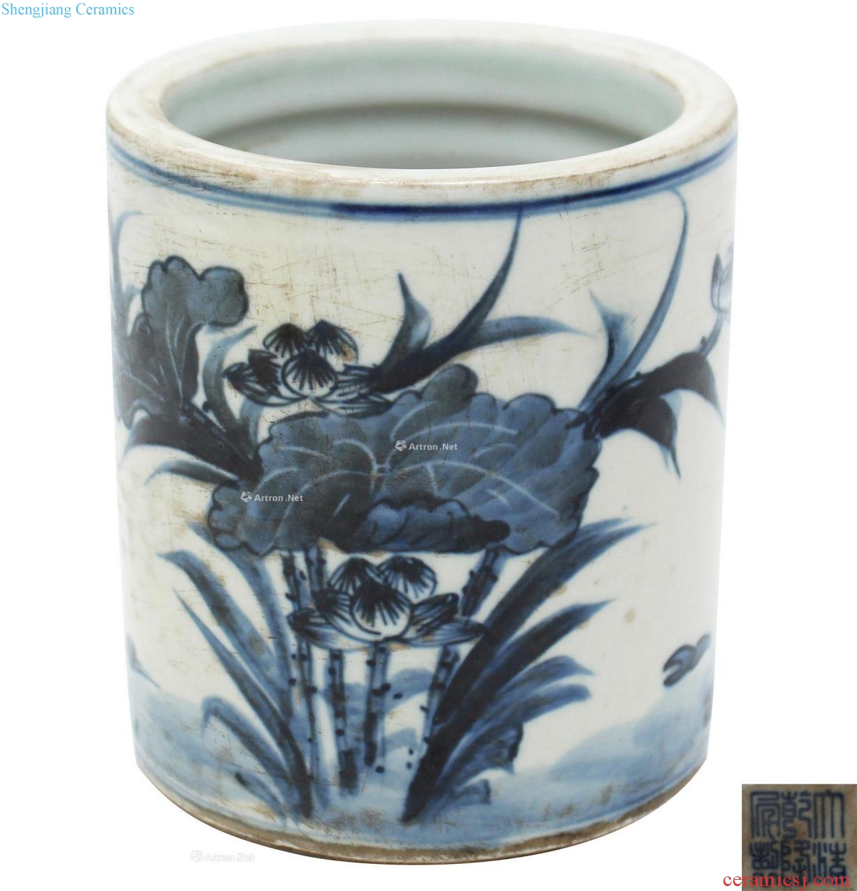 Qing dynasty blue and white lotus leaf brush pot (a)