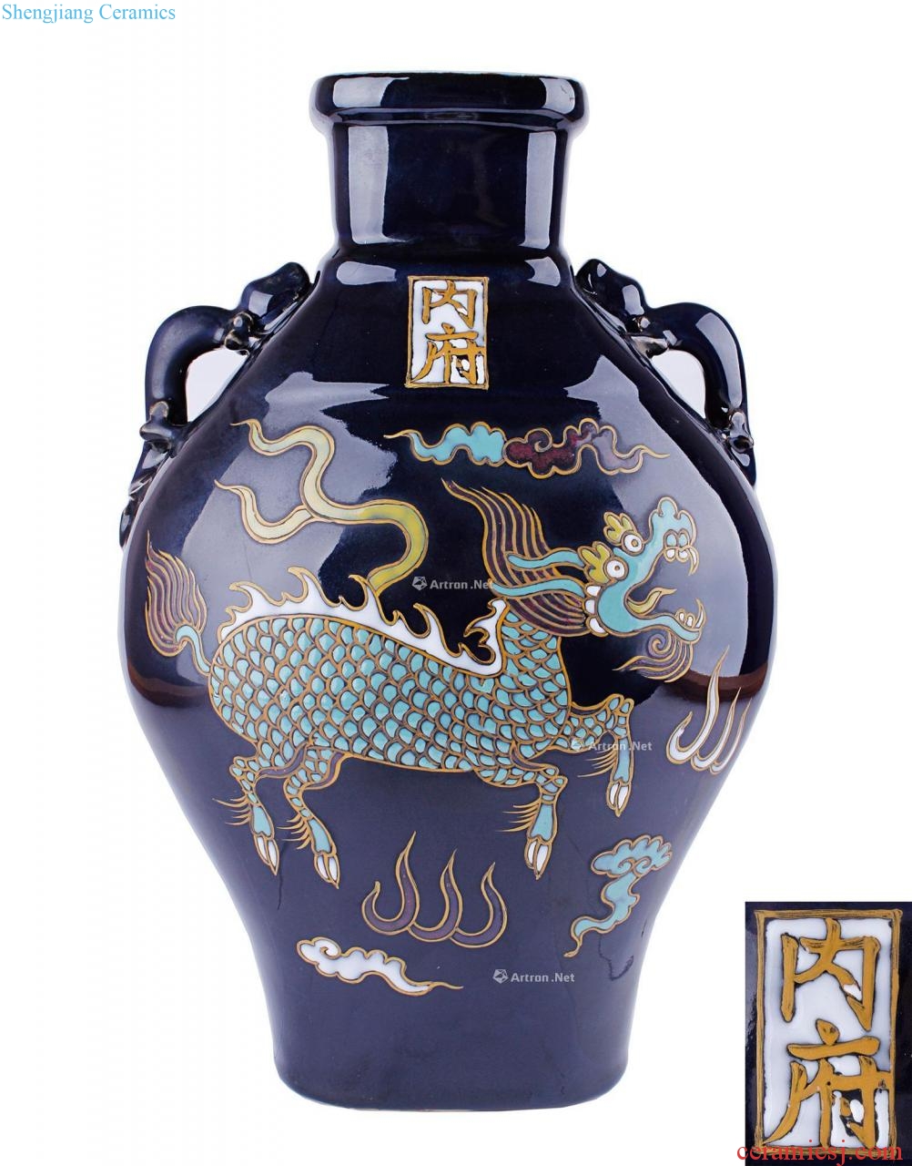 Ming Ji green color benevolent grain ears blue glaze red bottle (a)