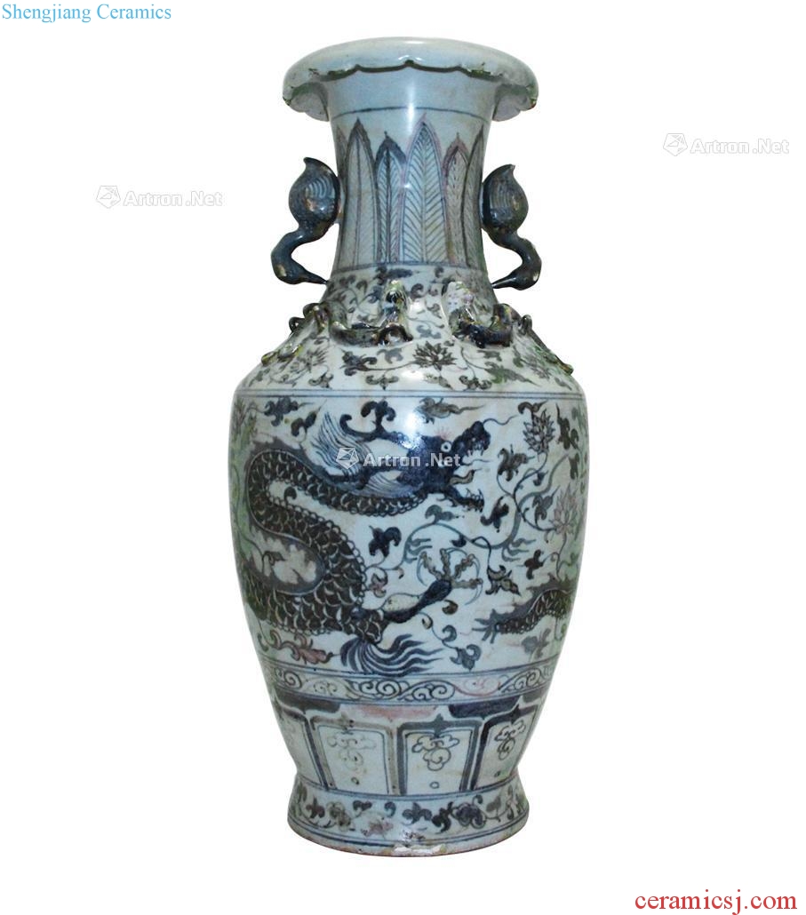 Yuan is unknown Blue and white youligong dish buccal bottle glass double crane dragon ear (a)