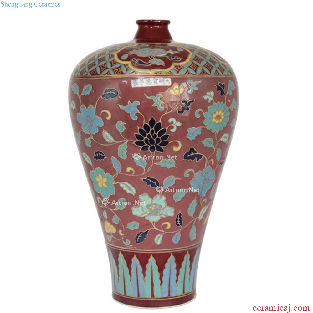 In the Ming dynasty Jiang red glaze flower grain mei bottles around branches (a)