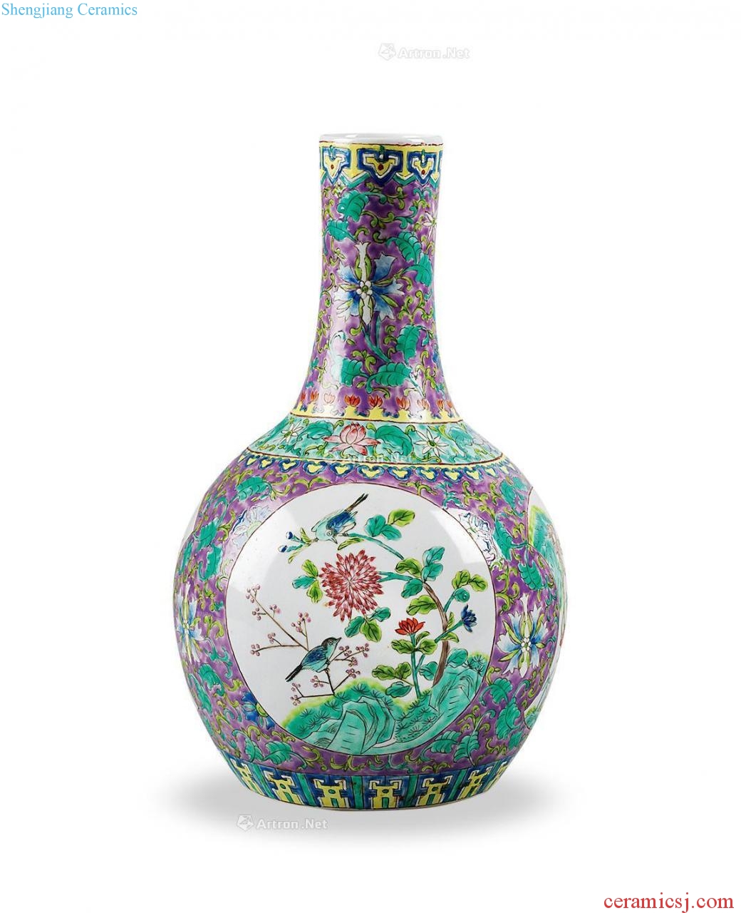 Qing purple famille rose medallion flower-and-bird grain bottle