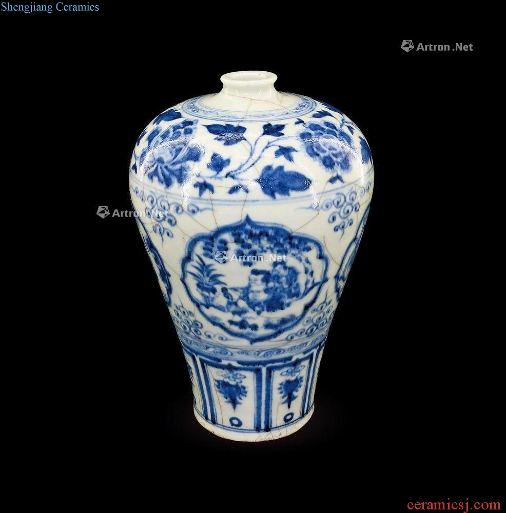 Ming Stories of blue and white flower grain medallion mei bottles