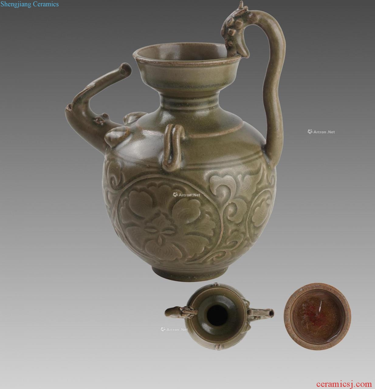 The song dynasty Yao state kiln green glaze hand-cut double dragon handle pot