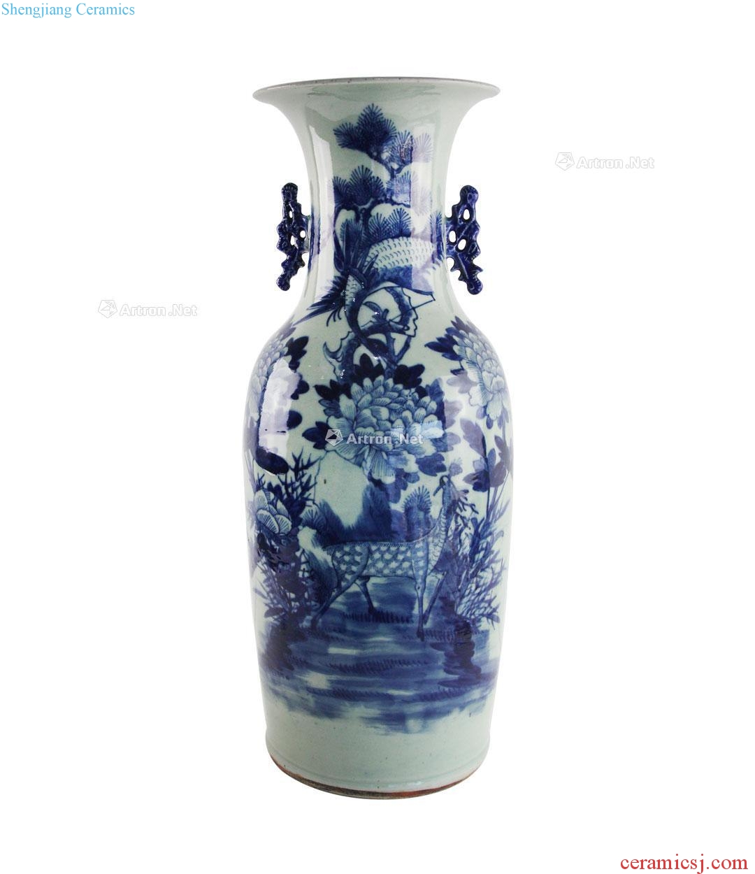 In the qing dynasty Pea green glaze, blue and white crane deer with spring binaural big bottle mouth