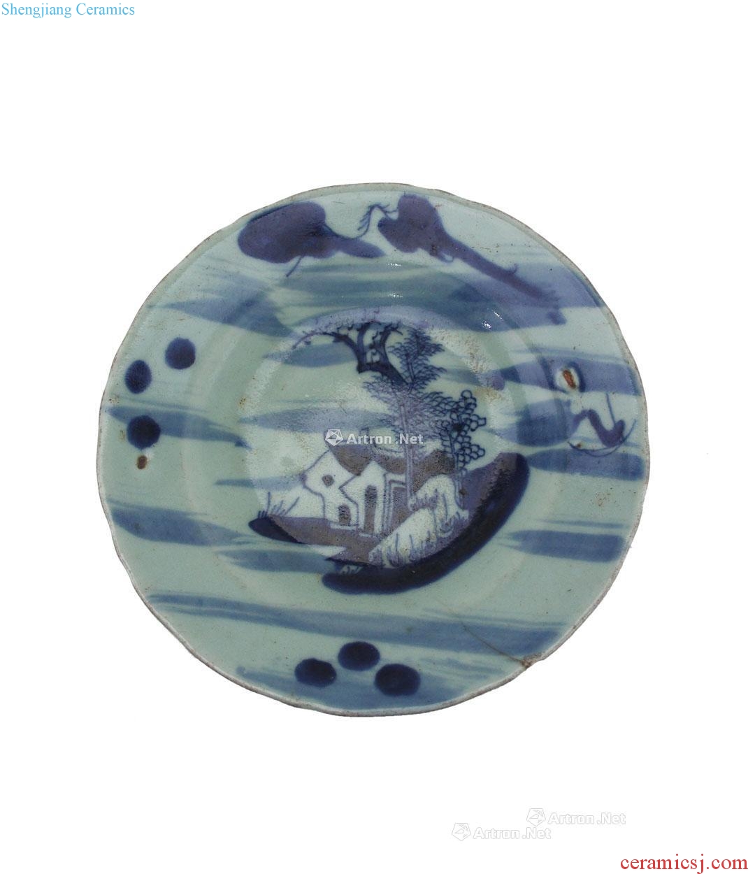 chenghua Pea green glaze blue and white landscape grain fold along the plate