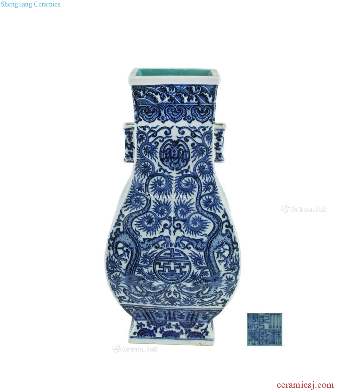 Emperor qianlong Blue and white live dragon penetration ear square bottles