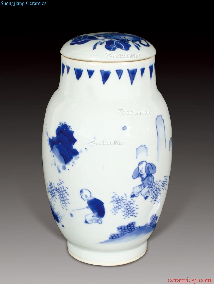 chongzhen Blue and white characters lotus seed tank cover