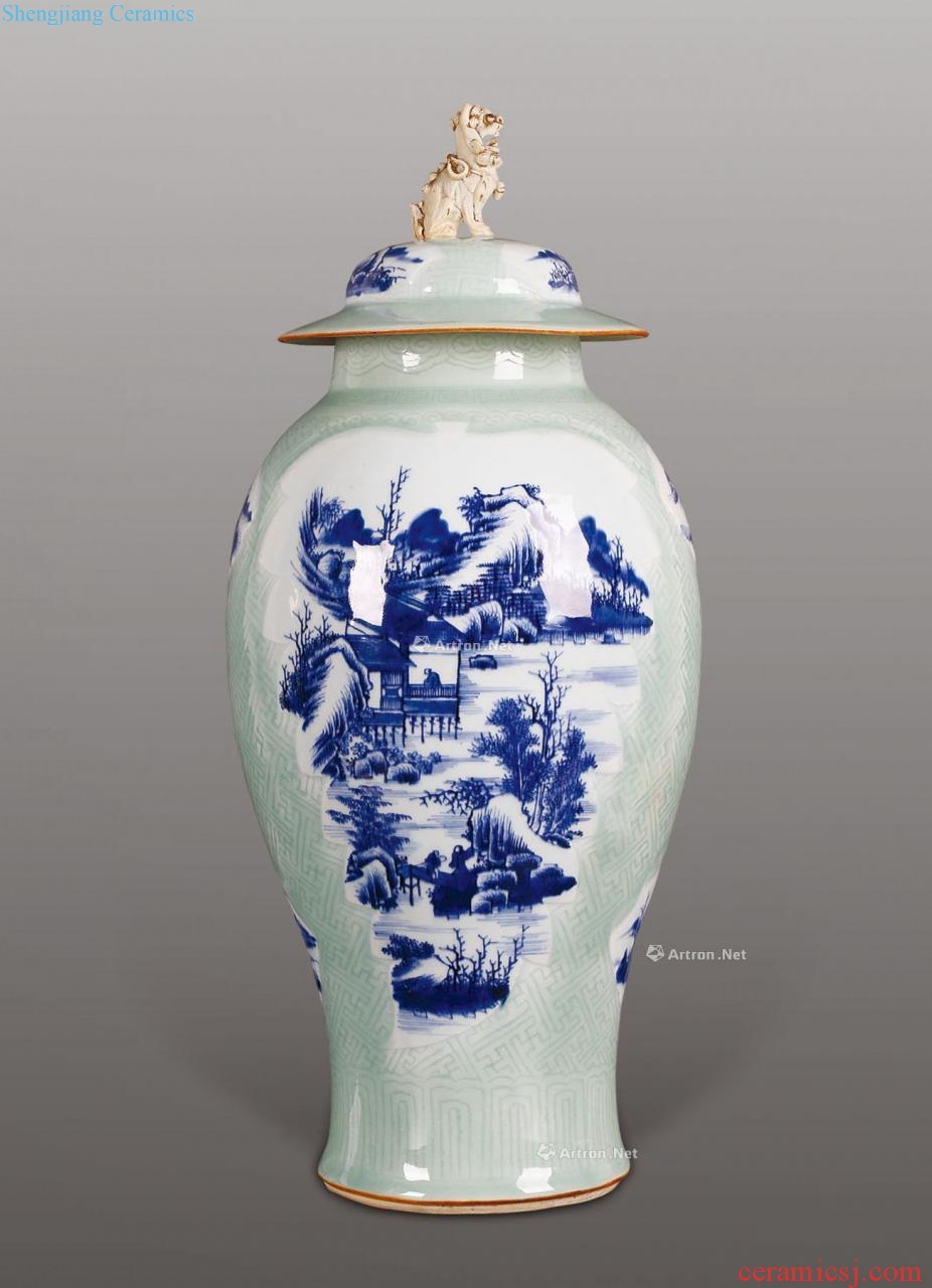 Qianlong pea green blue and white landscape character capping medallion