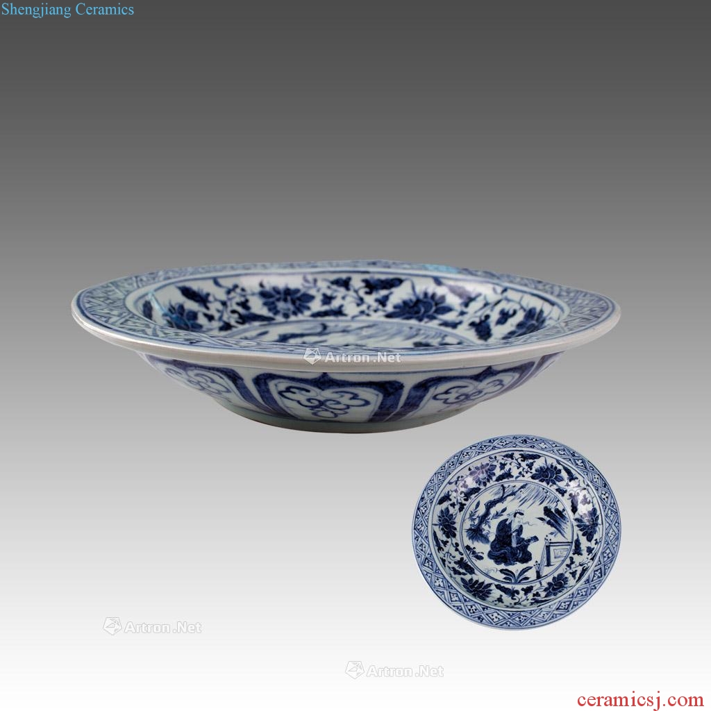 YUAN BLUE AND WHITE FLORAL SCROLL CHARACTER PATTERN PLATE
