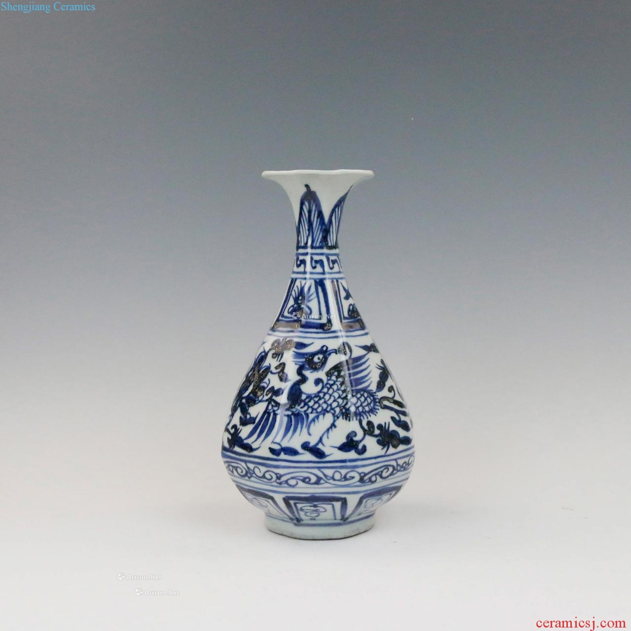 Yuan blue and white, double phoenix grain okho spring bottle