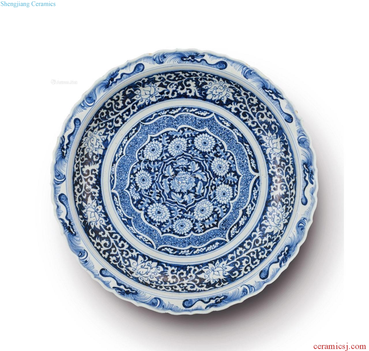 yuan Blue and white flower sea tangle branches wen ling mouth tray
