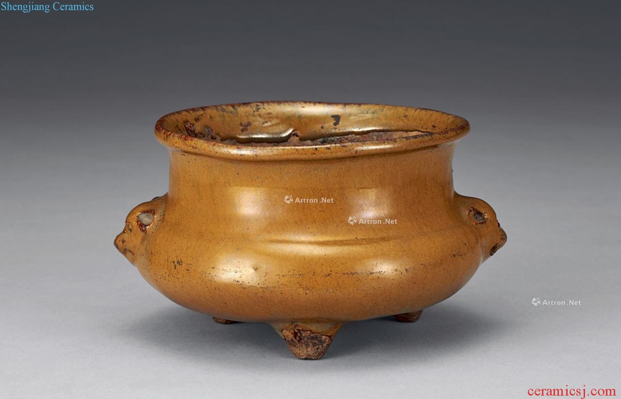 The song dynasty Persimmon glaze double beast ear furnace with three legs