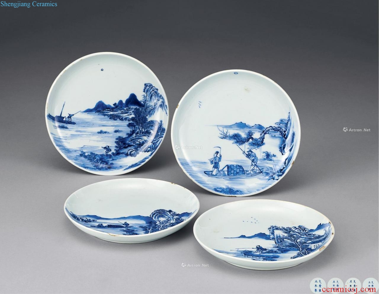 Qing yongzheng Blue and white landscape dish four lines